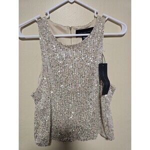 Know One Cares Women's Silver Sequin High Neck Cropped Tank Top Size Large NWT